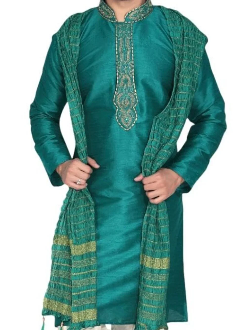 3-Piece Kurta Pyjama Set with Gold Embroidery - Men's Sleep Sets